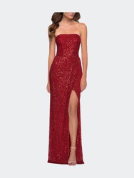Simple Sequin Strapless Dress with Faux Wrap Skirt - Red