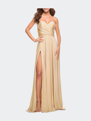 Simple Strapless Jersey Dress With High Slit - Light Gold