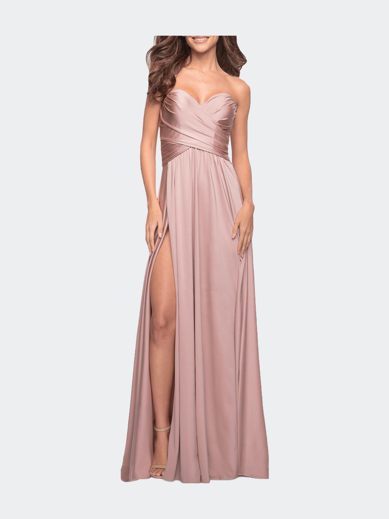 Simple Strapless Jersey Dress With High Slit - Mauve