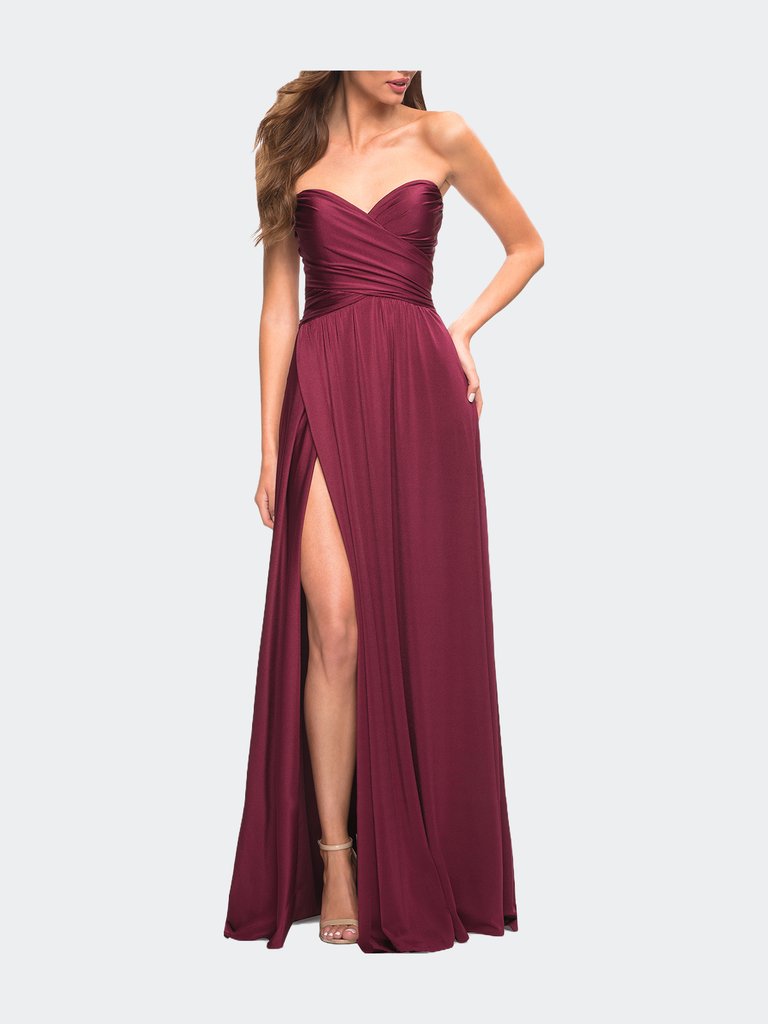 Simple Strapless Jersey Dress With High Slit