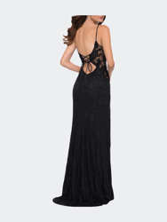 Sleek Lace Long Dress with Sheer Sides and Open Back