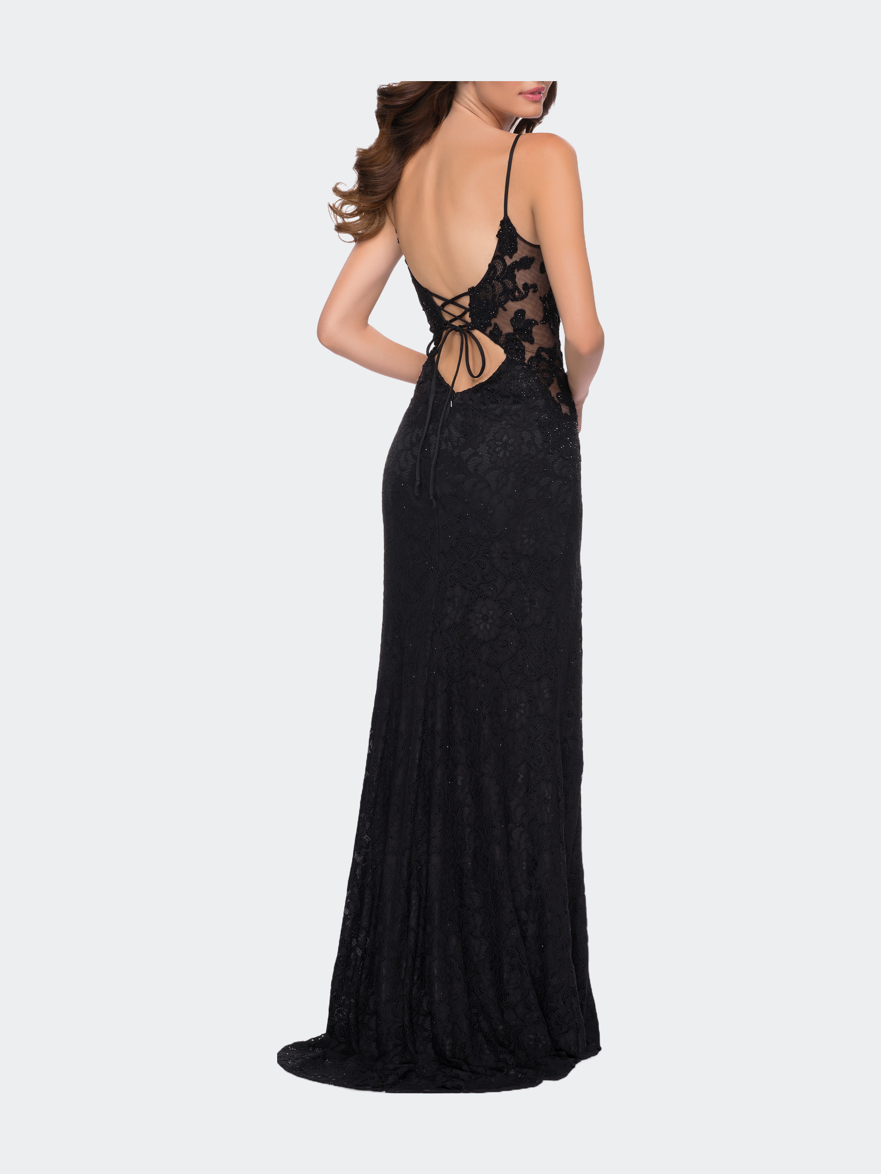 La Femme Sleek Lace Long Dress with Sheer Sides and Open Back