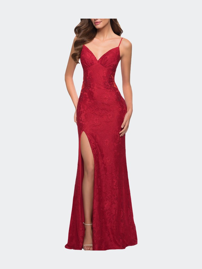 Sleek Lace Long Dress with Sheer Sides and Open Back