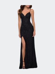 Sleek Lace Long Dress with Sheer Sides and Open Back - Black