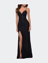 Sleek Lace Long Dress with Sheer Sides and Open Back - Black