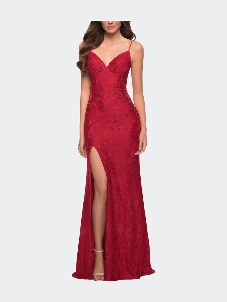 Sleek Lace Long Dress with Sheer Sides and Open Back - Red