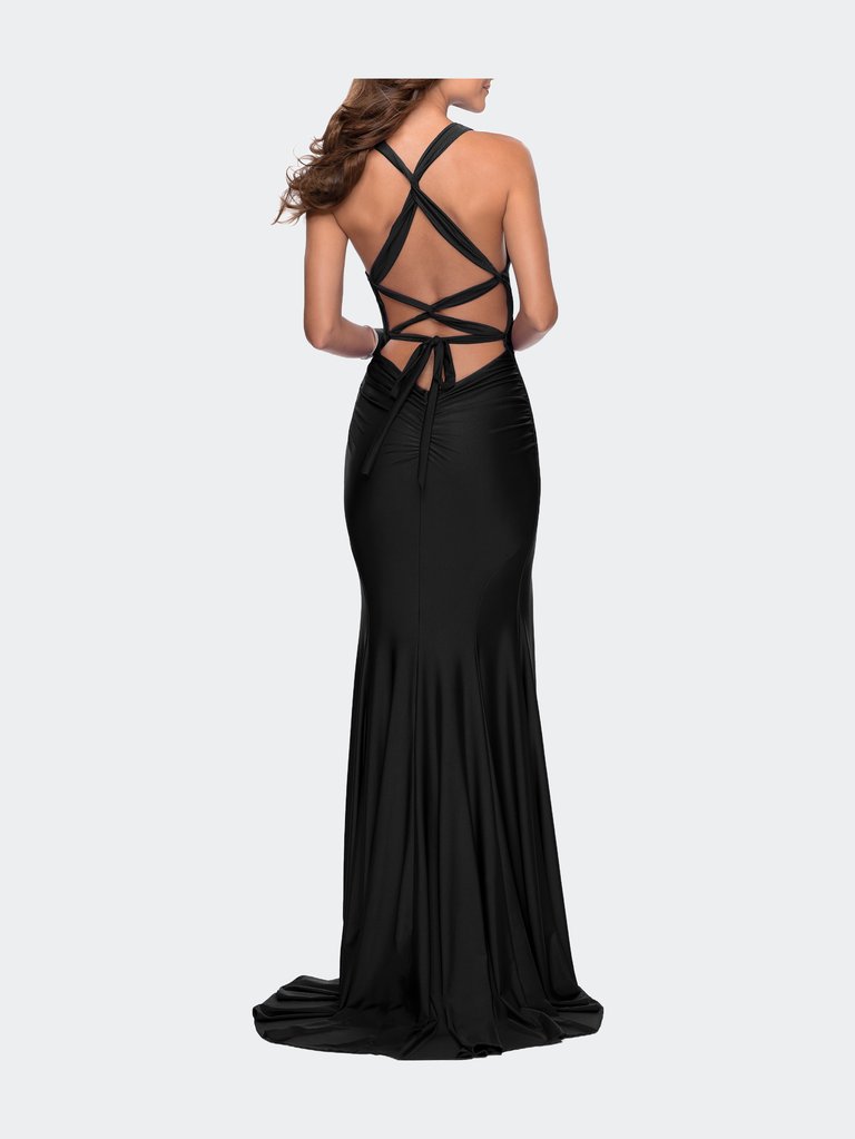 Sleek Prom Dress with Deep V-Neckline and Tie Back