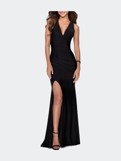 La Femme Sleek Prom Dress with Deep V-Neckline and Tie Back product