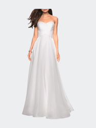 Strapless Chiffon Dress With Criss Cross Bodice Detail - White