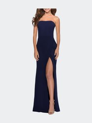 Strapless Double Strap Long Jersey Prom Dress - Navy