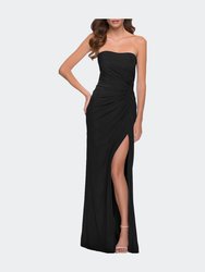 Strapless Jersey Dress with Ruching and Skirt Slit - Black