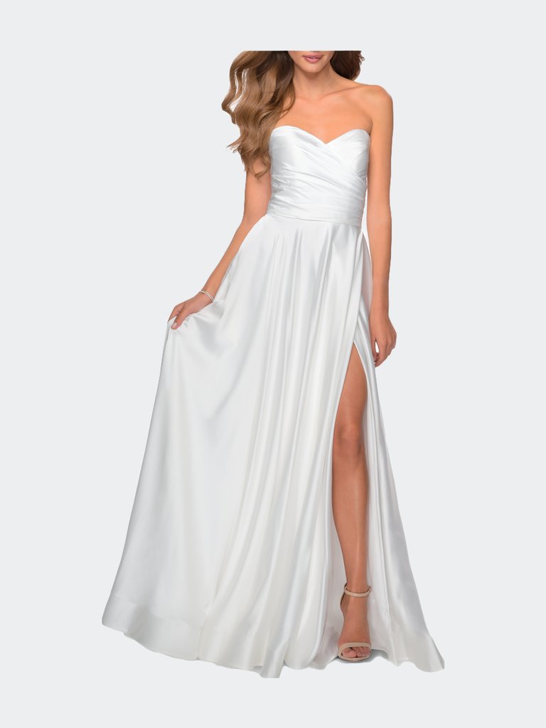 Strapless Satin Gown with Pleated Bodice and Slit