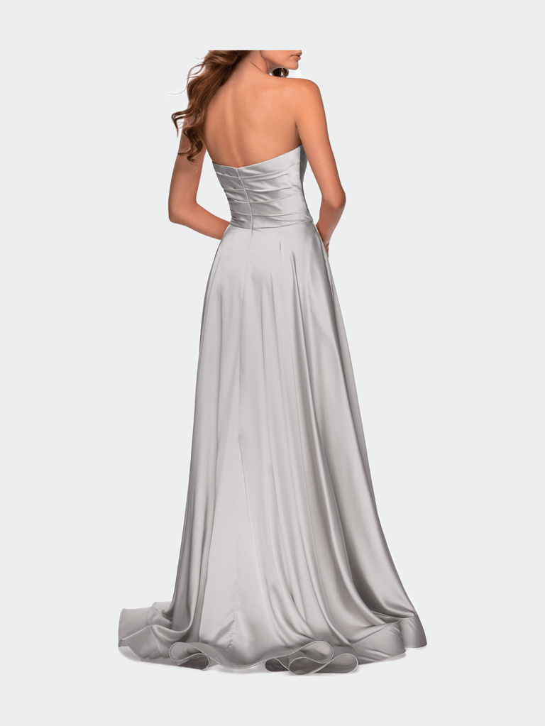 Strapless Satin Gown with Pleated Bodice and Slit