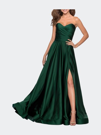 La Femme Strapless Satin Gown with Pleated Bodice and Slit product