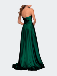 Strapless Satin Gown with Pleated Bodice and Slit