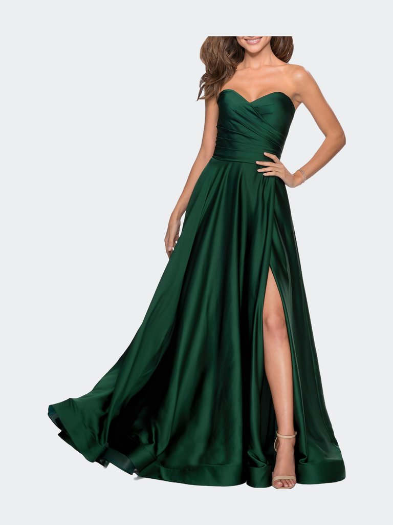 Strapless Satin Gown with Pleated Bodice and Slit - Emerald