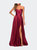 Strapless Satin Gown with Pleated Bodice and Slit - Wine