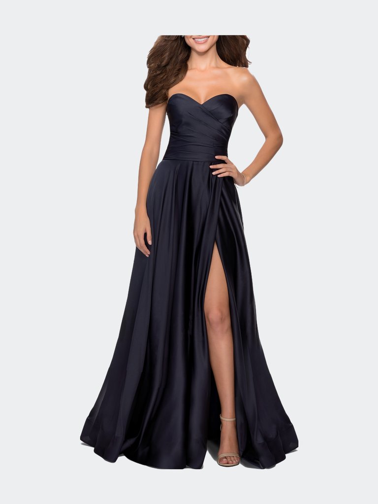 Strapless Satin Gown with Pleated Bodice and Slit - Navy