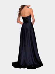 Strapless Satin Gown with Pleated Bodice and Slit