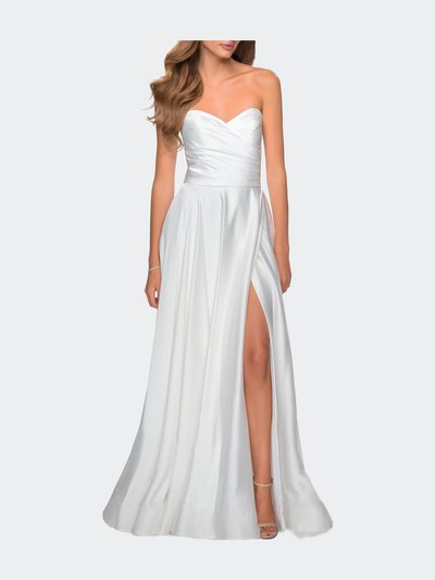 La Femme Strapless Satin Gown with Pleated Bodice and Slit product