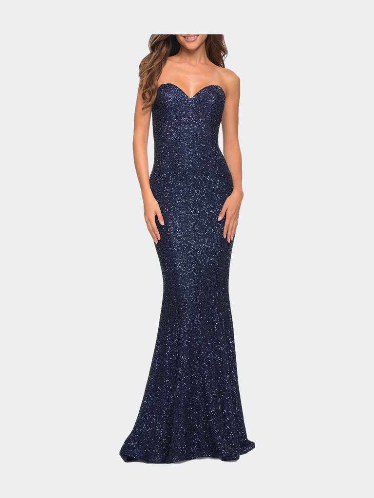Strapless Sweetheart Luxe Sequin Gown - Navy