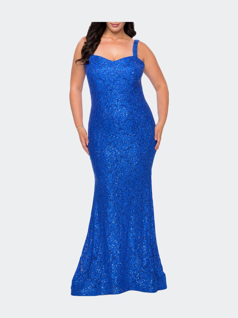 Stretch Lace Curve Dress with Rhinestones - Royal Blue