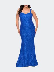 Stretch Lace Curve Dress with Rhinestones - Royal Blue