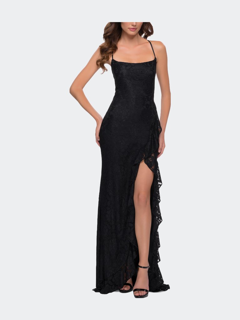 Stretch Lace Dress with Ruffle Skirt Detail and Slit - Black
