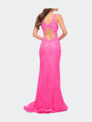 Stretch Lace Gown with Slit and Open Keyhole Back