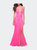 Stretch Lace Gown with Slit and Open Keyhole Back - Neon Pink