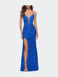 Stretch Lace Long Dress with Deep V Neckline - Royal Blue