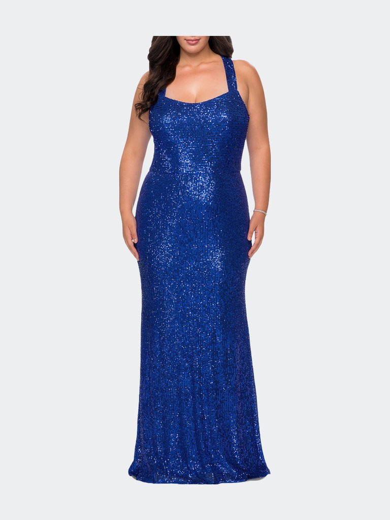 Stretch Lace Plus Size Dress With Criss Cross Back - Royal Blue