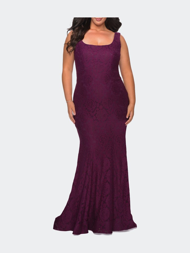 Stretch Lace Plus Size Gown with Beading - Dark Berry