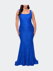 Stretch Lace Plus Size Gown with Beading - Royal Blue