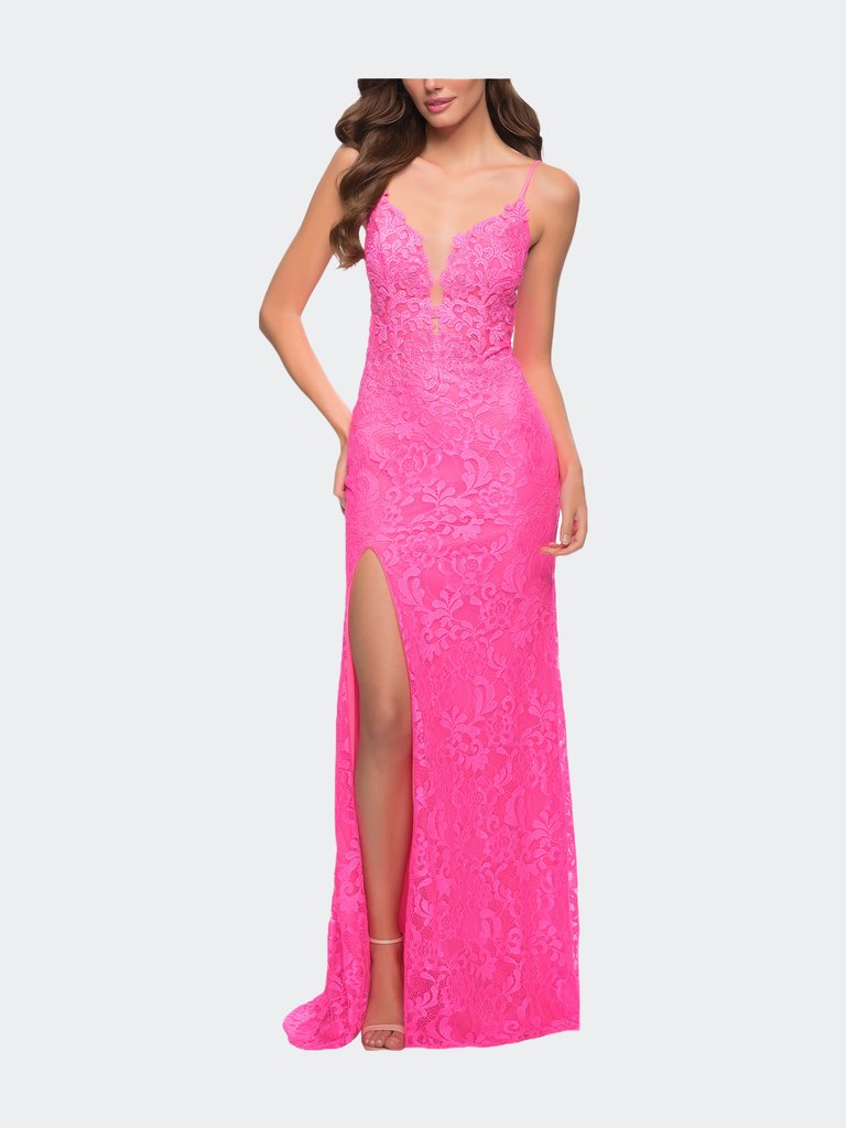 Stretch Lace Prom Dress - Neon Pink