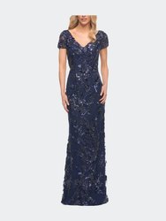Stunning Beaded Long Gown with V Neckline - Navy