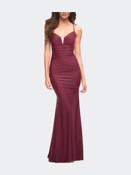 Stunning Luxe Jersey Dress with Deep V Neckline - Dark Berry