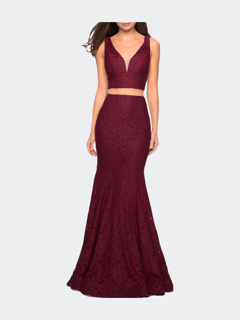 Sweetheart Neckline Two Piece Long Lace Prom Dress - Wine