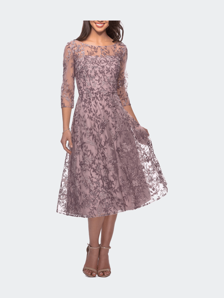 Tea Length Embroidered Dress with Sheer Sleeves - Dusty Lilac