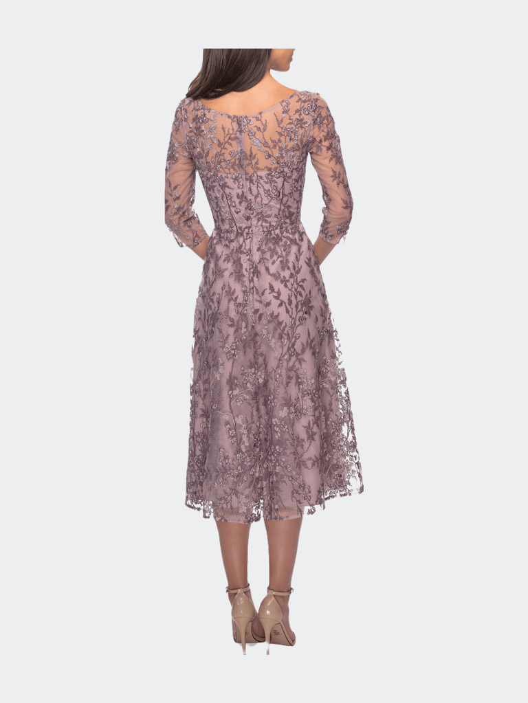 Tea Length Embroidered Dress with Sheer Sleeves