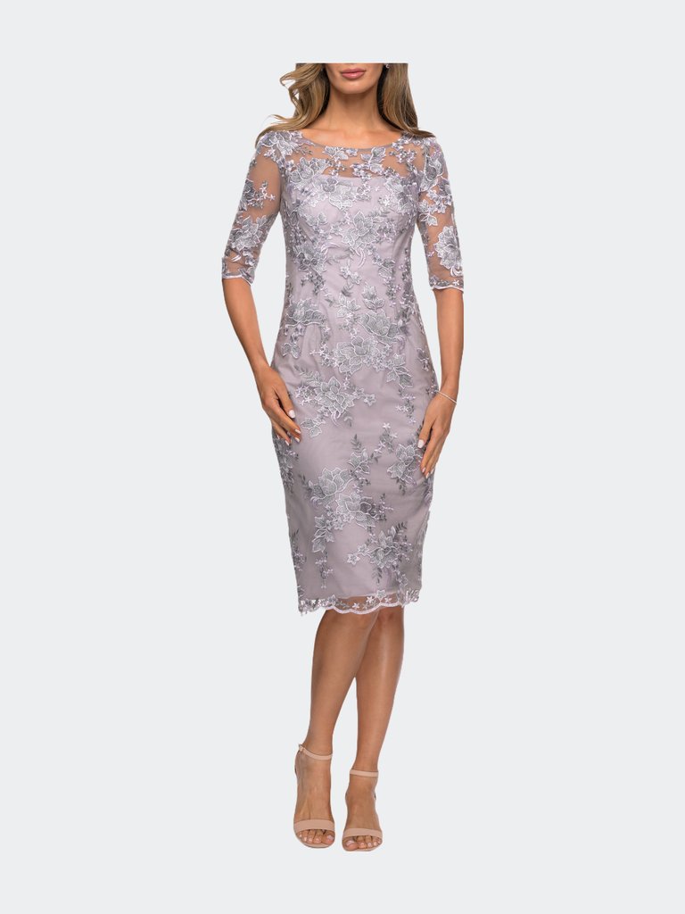 Tea Length Lace Gown with Three Quarter Sleeves - Lavender/Gray