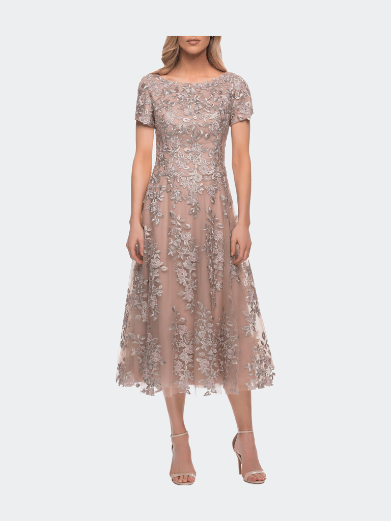 Tea Length Mother of the Bride Dress with Short Sleeves - Champagne