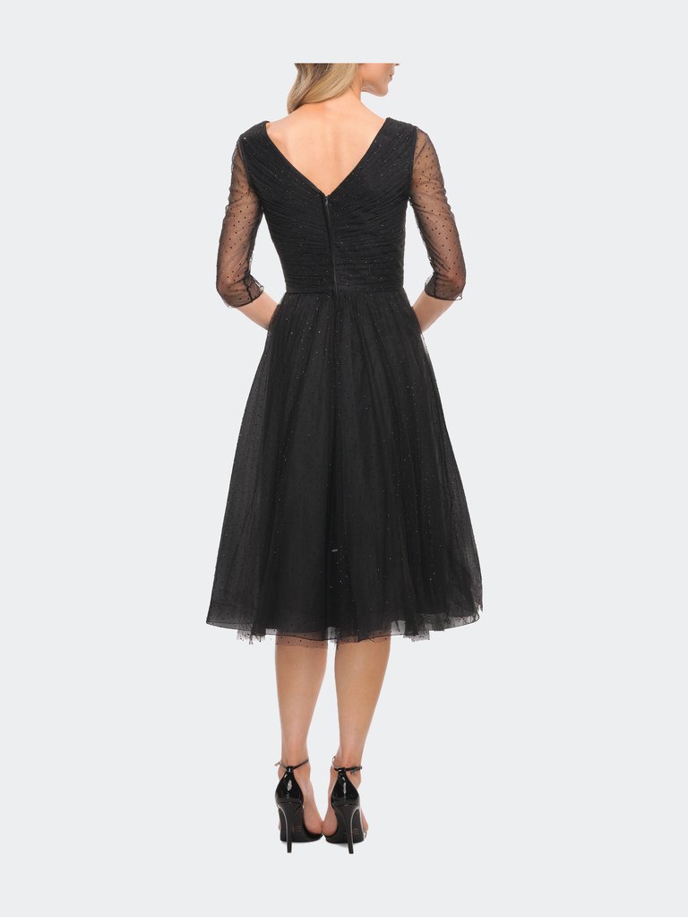 Tea Length Tulle Dress with Beading and Sheer Sleeve