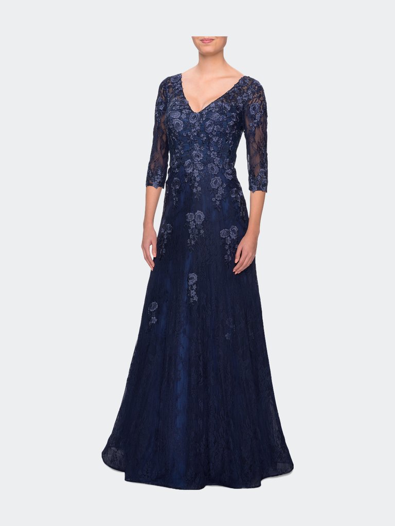 Three Quarter Sleeve A-line Dress with Lace and Beads - Navy