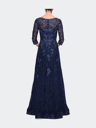 Three Quarter Sleeve A-line Dress with Lace and Beads