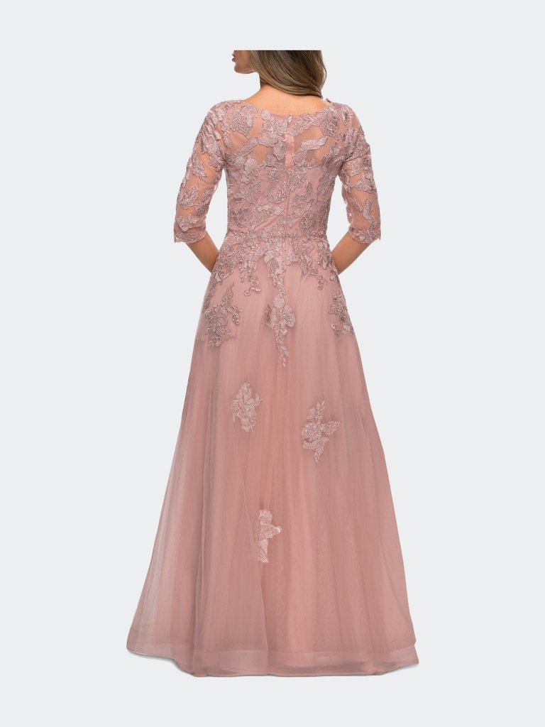 Three Quarter Sleeve A-line Gown with Floral Embellishments