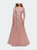 Three Quarter Sleeve A-line Gown with Floral Embellishments - Dark Blush