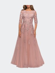 Three Quarter Sleeve A-line Gown with Floral Embellishments - Dark Blush