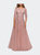 Three Quarter Sleeve A-line Gown with Floral Embellishments - Dark Blush