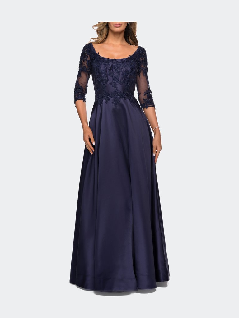 Three Quarter Sleeve Gown with Lace Sheer Back - Navy